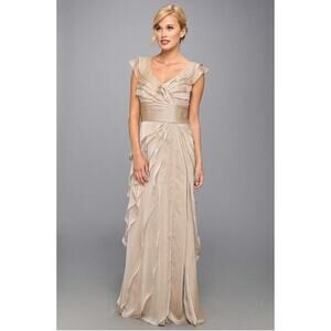 Adrianna Papell Tier Fawn Chiffon Petal Ruffle Light Pink Tan Evening Gown Sz 10